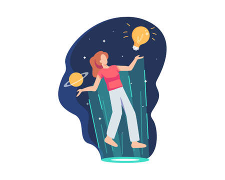 Creative thinking abstract metaphor. Woman floating imagining finding new ideas. Vector illustration in a flat styleのイラスト素材