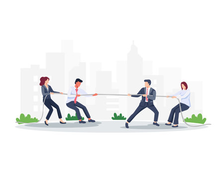 Vector illustration teamwork business concept. Group of employees play tug of war, Vector illustration in a flat styleのイラスト素材