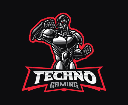 Futuristic robot man mascot logo design. Cyborg vector illustration. Logo illustration for mascot or symbol and identity, emblem sports or e-sports gaming teamのイラスト素材