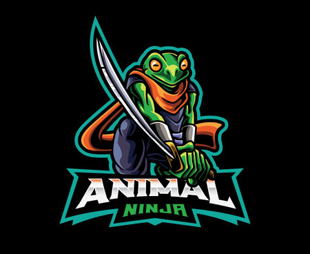 Frog ninja mascot logo design. Frog shinobi animal vector illustration. Logo illustration for mascot or symbol and identity, emblem sports or e-sports gaming teamのイラスト素材