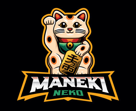 Maneki Neko Mascot Logo Design. A Feline Mascot Brimming with Charm and Luckのイラスト素材
