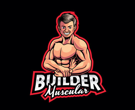 Mighty Body Builder Mascot Logo. Ripped Bodybuilder Mascot Designのイラスト素材