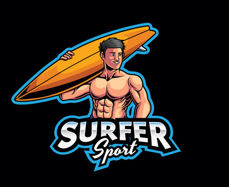 Surfer Mascot Logo Design. Riding the Waves, Fun and Fearless Surfer Logo Mascot Illustrationのイラスト素材
