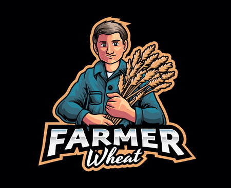 Wheat Farmer Mascot Logo Design. A friendly wheat farmer with a wheat stalk in his hand. Perfect for agricultural businesses and natural food brandsのイラスト素材