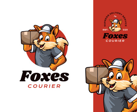 Fox Courier Mascot Logo Design. Fun and playful cartoon mascot perfect for courier, delivery service-related business and brandsのイラスト素材