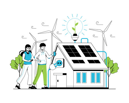 Renewable energy concept. Vector illustration of clean electric energy from renewable sources, sun, and wind. Sustainable green energy, renewable energy sources, and green electricityのイラスト素材
