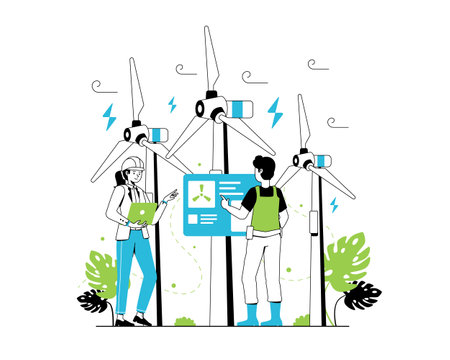 Renewable energy concept. Vector illustration of clean electric energy from renewable sources, sun, and wind. Sustainable green energy, renewable energy sources, and green electricityのイラスト素材