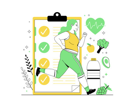 Obese women on a diet program. Diet plan with exercise and healthy foods fruits, and vegetablesのイラスト素材