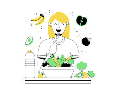 Healthy eating illustration. Balanced vegetarian and vegan diet vector concept illustrationのイラスト素材