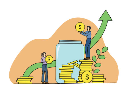 People characters collecting and putting coins in savings jar. Financial management, money savings and deposit growth concept. Vector illustration.のイラスト素材