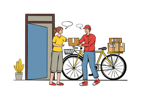 Delivery worker character vector illustration. Delivery courier in bicycle, Home delivery conceptのイラスト素材