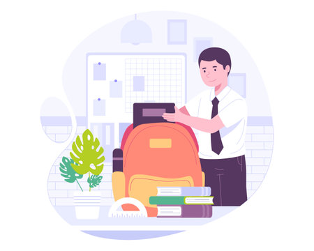 Students prepare school supplies Illustration concept. Back to school, Education, and Preparation for studying. Vector illustrationのイラスト素材