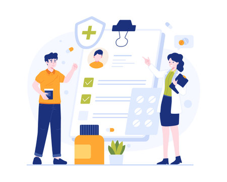 Health insurance concept. Professional medical consultation, Doctor and patient with big clipboard document. Vector illustrationのイラスト素材