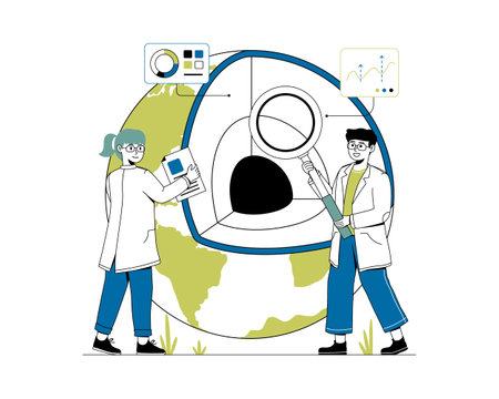 Ecologist. Scientists take care of nature and study the ecological environment. Save the earth and global climate conservationのイラスト素材