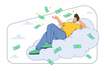 Relaxed and successful businessman relaxing on clouds with money. Saving and investing money, Future financial planning concept. Vector illustrationのイラスト素材