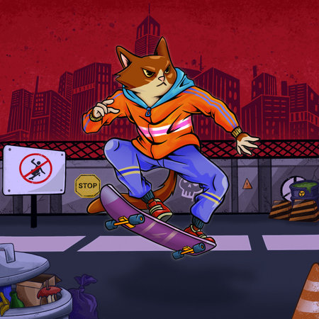 A dynamic illustration of a street-smart cat performing a skateboard trick on urban pavementの写真素材