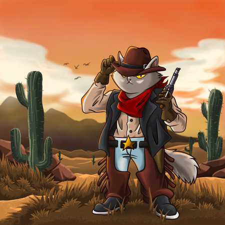Illustration of a rugged cowboy cat tipping its hat in a desert sunsetの写真素材