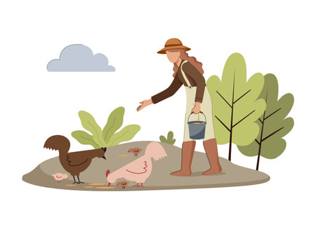 Farmer scatters grain to feed chickens near garden plants. Farming concept, Agriculture illustrationのイラスト素材
