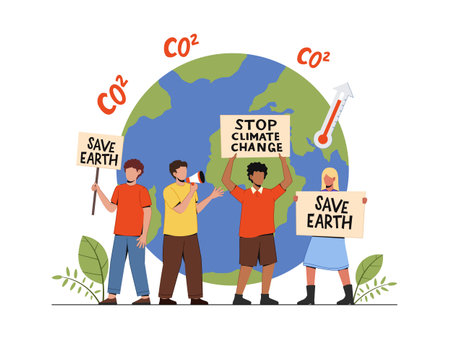Youth climate protest with âSave Earthâ signs, CO2 symbols, and rising temperature around the planet. Climate protest illustrationのイラスト素材