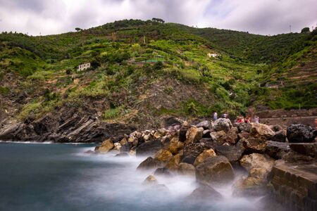 italy vernazza sea and mountain landscape long exposureの写真素材