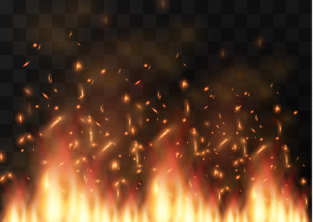 Vector realistic fire transparent special effect element. A hot flame is bursting. Campfire.Heat overlay. Vector fire. Vector flame. Fire elements, the effect of decorative flame.のイラスト素材