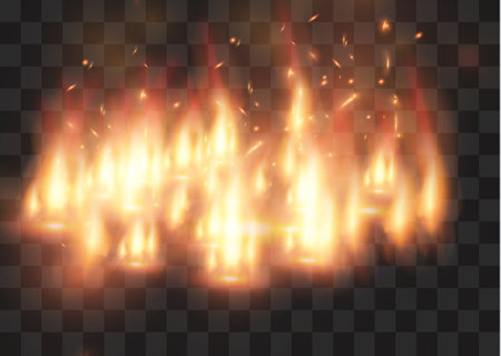 Vector realistic fire transparent special effect element. A hot flame is bursting. Campfire.Heat overlay. Vector fire. Vector flame. Fire elements, the effect of decorative flame.のイラスト素材