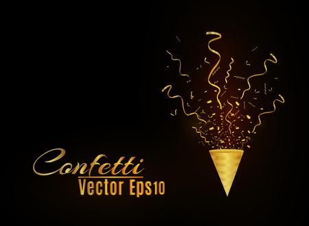 Golden confetti, isolated on cellular background. Festive vector illustration Tiny confetti with ribbon on white background. Festive event and party. Vector yellow.のイラスト素材