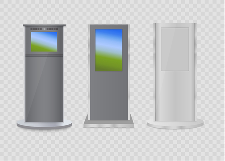 Set of information kiosks with blank screens isolated on white background. Payment terminal mockup. Vector illustrationのイラスト素材