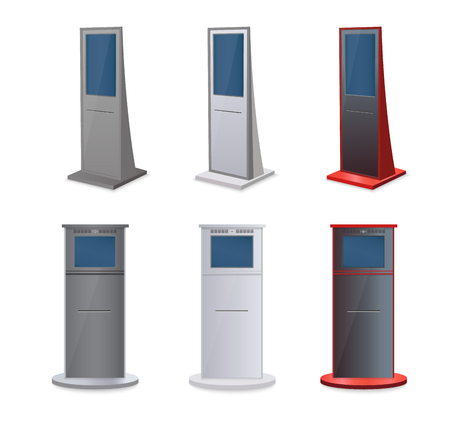 Set of information kiosks with blank screens isolated on white background. Payment terminal mockup. Vector illustrationのイラスト素材