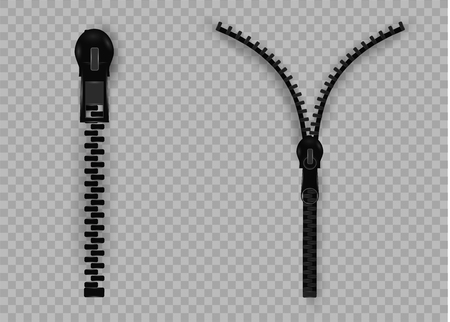 Beautiful vector closed and open zip detail, buckle. Fastens with a zipper.metal accessories on clothes.vector illustration.のイラスト素材