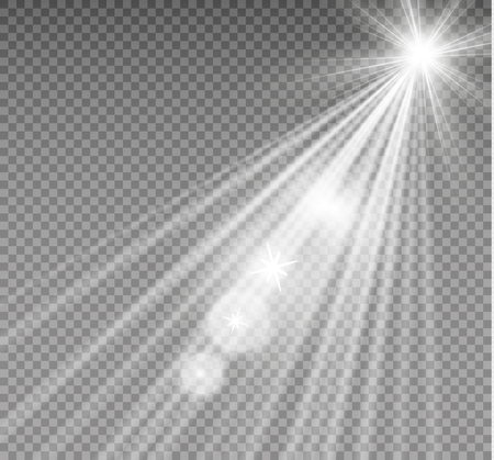 White glowing light burst explosion on transparent background. Vector illustration light effect decoration with ray. Bright star. Translucent shine sun, bright flare. Center vibrant flash.のイラスト素材
