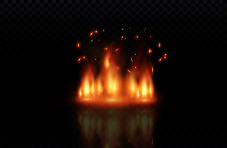 Flame of fire with sparks on a black background. The texture of the fiery storm.a shot of a flying spark in the air.over a dark night.のイラスト素材