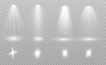 Set of golden glowing lights effects isolated on transparent background. Sun flash with rays and spotlight. Glow light effect. Star burst with sparkles.のイラスト素材