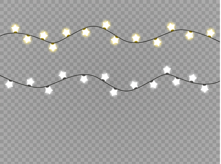 Christmas lights isolated realistic design elements. Glowing lights for Xmas Holiday cards, banners, posters, web design. Garlands decorations. Led neon lampのイラスト素材