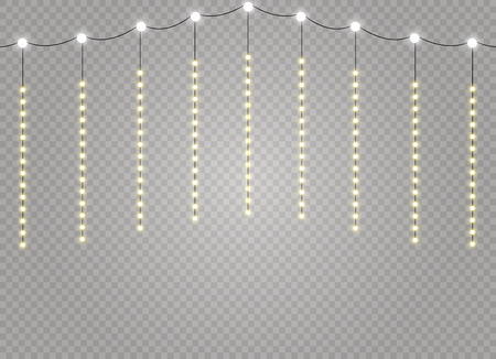 Christmas lights isolated realistic design elements. Glowing lights for Xmas Holiday cards, banners, posters, web design. Garlands decorations. Led neon lampのイラスト素材