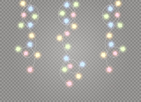Christmas lights isolated realistic design elements. Glowing lights for Xmas Holiday cards, banners, posters, web design. Garlands decorations. Led neon lampのイラスト素材