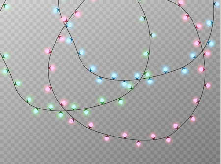 Christmas lights isolated realistic design elements. Glowing lights for Xmas Holiday cards, banners, posters, web design. Garlands decorations. Led neon lampのイラスト素材