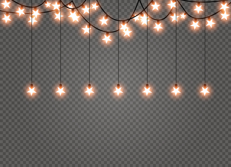 Christmas lights isolated realistic design elements. Glowing lights for Xmas Holiday cards, banners, posters, web design. Garlands decorations. Led neon lampのイラスト素材