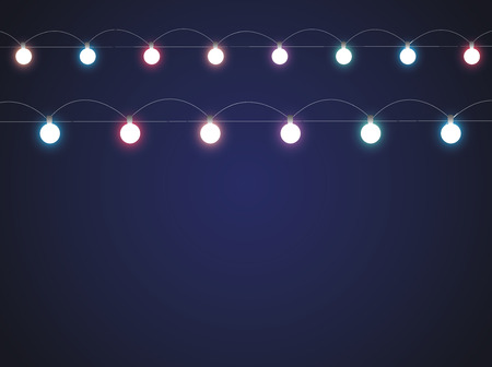 Christmas lights isolated realistic design elements. Glowing lights for Xmas Holiday cards, banners, posters, web design. Garlands decorations. Led neon lampのイラスト素材