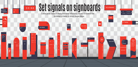 A set of signboards for business. Direction, wall mount and billboard design. A set of outdoor and indoor signs for advertising. a sign of a pylon, signboards, advertising construction of signboards.のイラスト素材