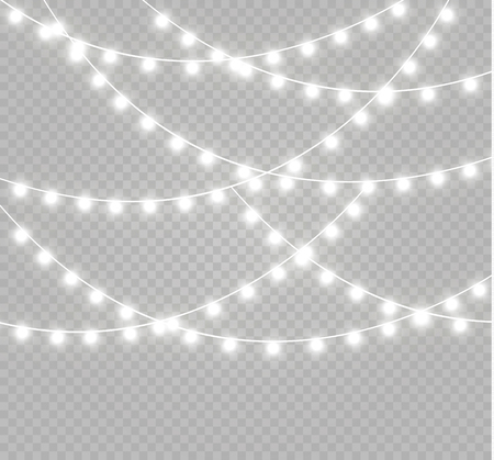 Christmas lights isolated realistic design elements. Glowing lights for Xmas Holiday cards, banners, posters, web design. Garlands decorations. Led neon lampのイラスト素材