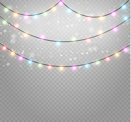 Christmas lights isolated realistic design elements. Glowing lights for Xmas Holiday cards, banners, posters, web design. Garlands decorations. Led neon lampのイラスト素材
