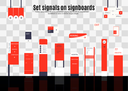 A set of signboards for business. Direction, wall mount and billboard design. A set of outdoor and indoor signs for advertising. a sign of a pylon, signboards, advertising construction of signboards.のイラスト素材