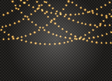 Christmas lights isolated realistic design elements. Glowing lights for Xmas Holiday cards, banners, posters, web design. Garlands decorations. Led neon lampのイラスト素材