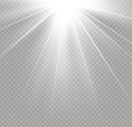 White glowing light explodes on a transparent background. Sparkling magical dust particles. Bright Star. Transparent shining sun, bright flash. Vector sparkles. To center a bright flash.のイラスト素材