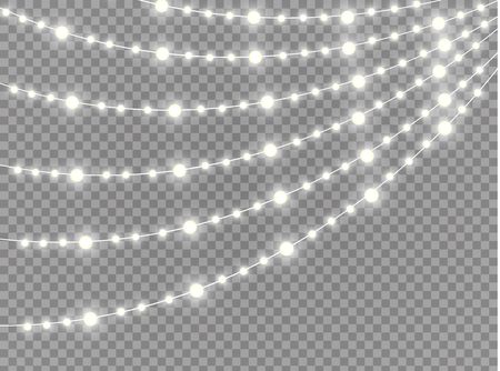 Christmas lights isolated realistic design elements. Glowing lights for Xmas Holiday cards, banners, posters, web design. Garlands decorations. Led neon lampのイラスト素材