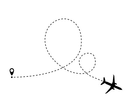 The airplane is in a dotted line. The flying apartment is black. The waypoint is for a tourist trip. and his track on a white background.のイラスト素材