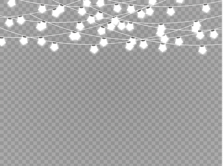 Christmas lights isolated realistic design elements. Glowing lights for Xmas Holiday cards, banners, posters, web design. Garlands decorations. Led neon lampのイラスト素材