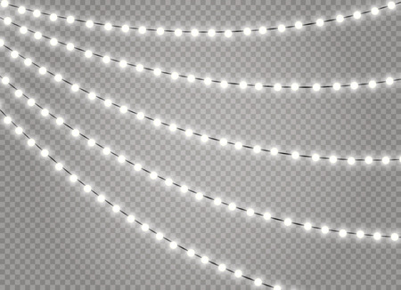 Christmas lights isolated realistic design elements. Glowing lights for Xmas Holiday cards, banners, posters, web design. Garlands decorations. Led neon lampのイラスト素材