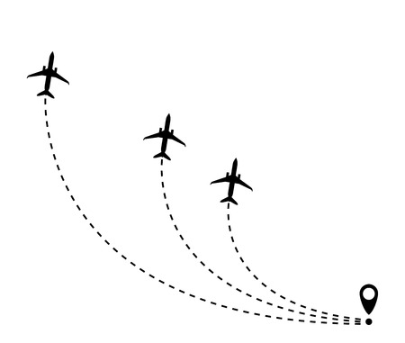 The airplane is in a dotted line. The flying apartment is black. The waypoint is for a tourist trip. and his track on a white background.のイラスト素材